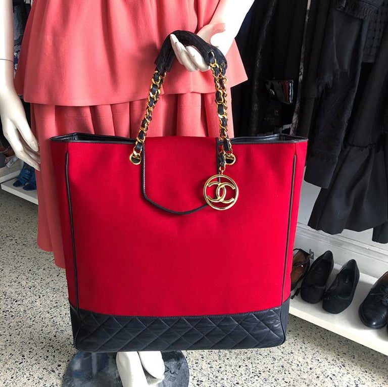 Chanel Vintage 1989 Red Canvas and Navy Leather Large Tote Bag at 1stDibs