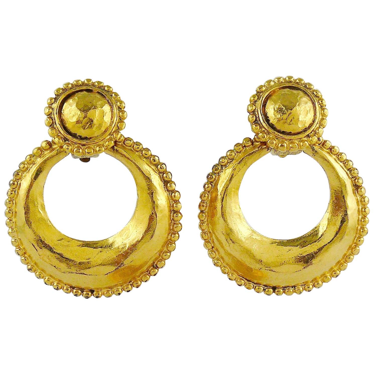 Chanel Vintage 1990 Gold Toned Hammered Door Knocker Clip-On Earrings