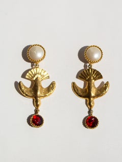 Chanel Vintage 1990s 24K Gold-Plated Swallow Pearl Red Gripoix Earrings