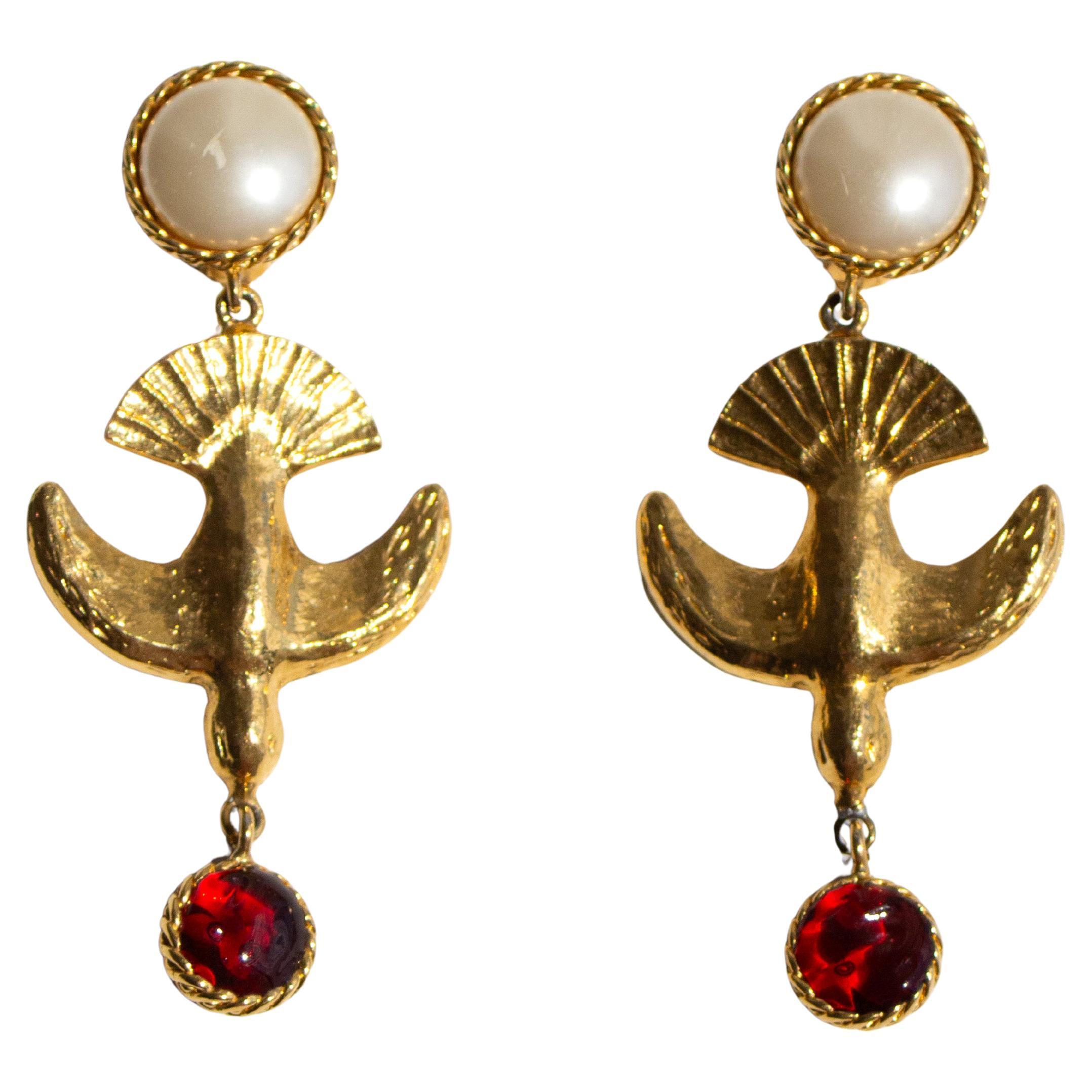 Chanel Vintage 1990s 24K Gold-Plated Swallow Pearl Red Gripoix Earrings