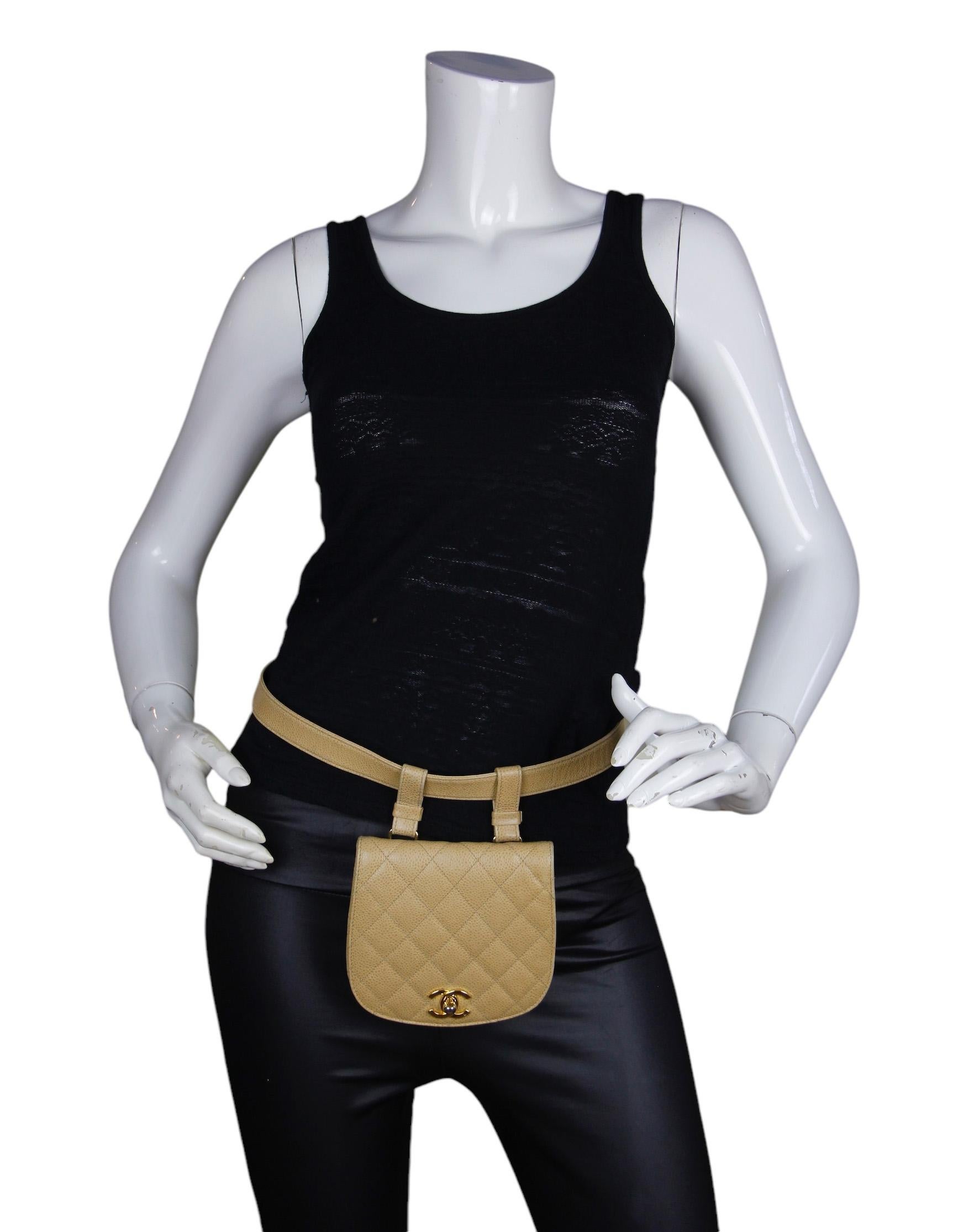 Chanel Vintage 1990s Beige Caviar Leather Quilted Belt Bag sz 85/34