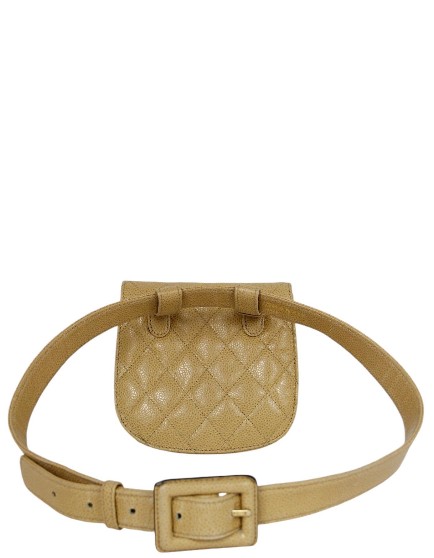Chanel Vintage 1990s Beige Caviar Leather Quilted Belt Bag sz 85/34