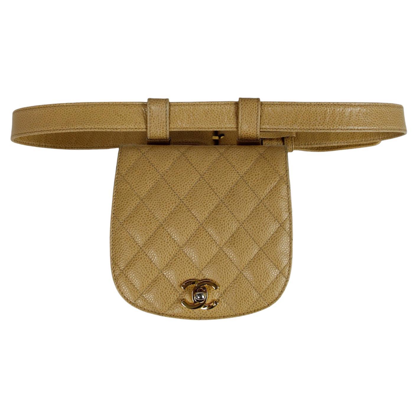 Chanel Vintage 1990s Beige Caviar Leather Quilted Belt Bag sz 85/34"