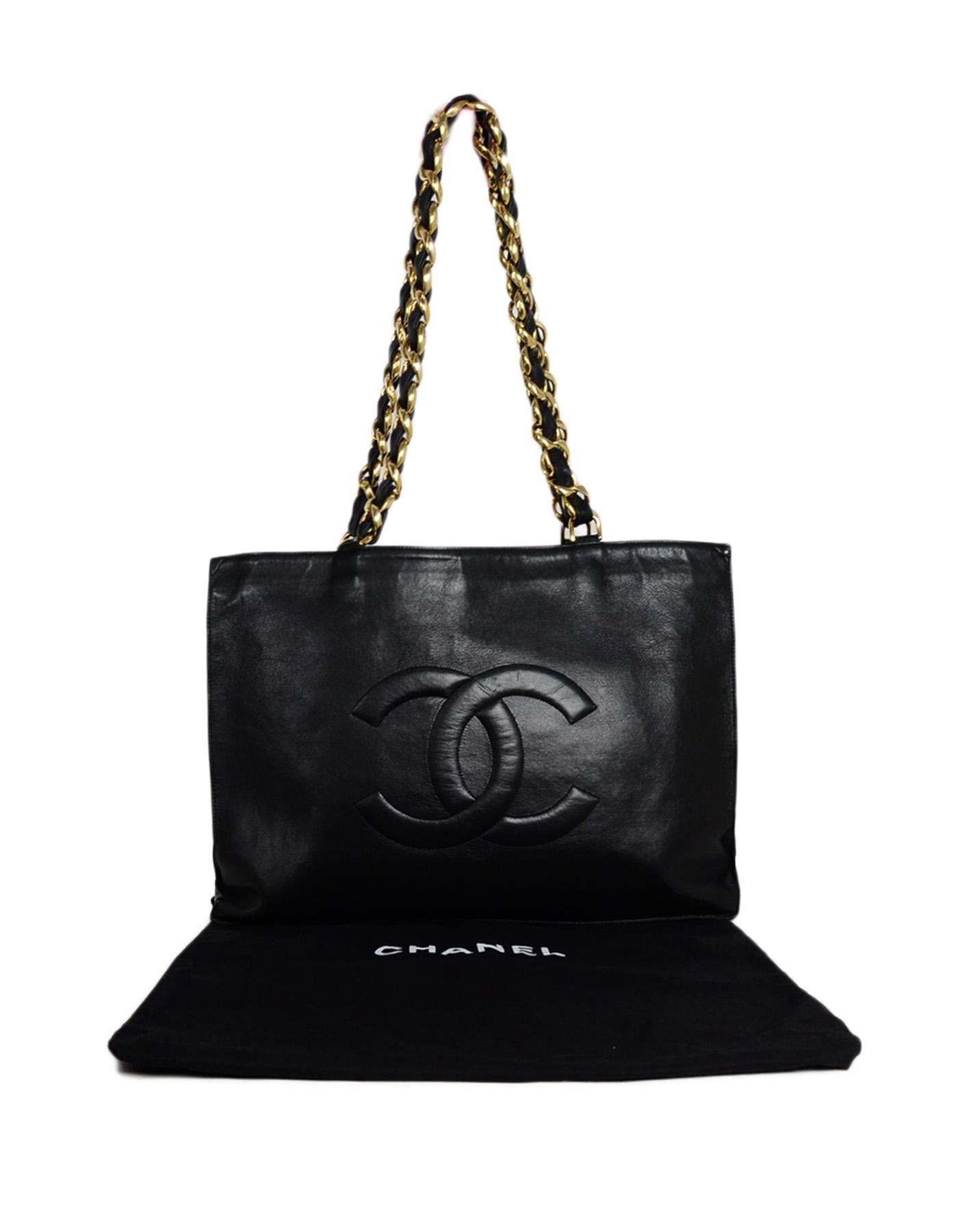 Chanel Vintage 1990s Black Lambskin Leather CC Tote Bag 8
