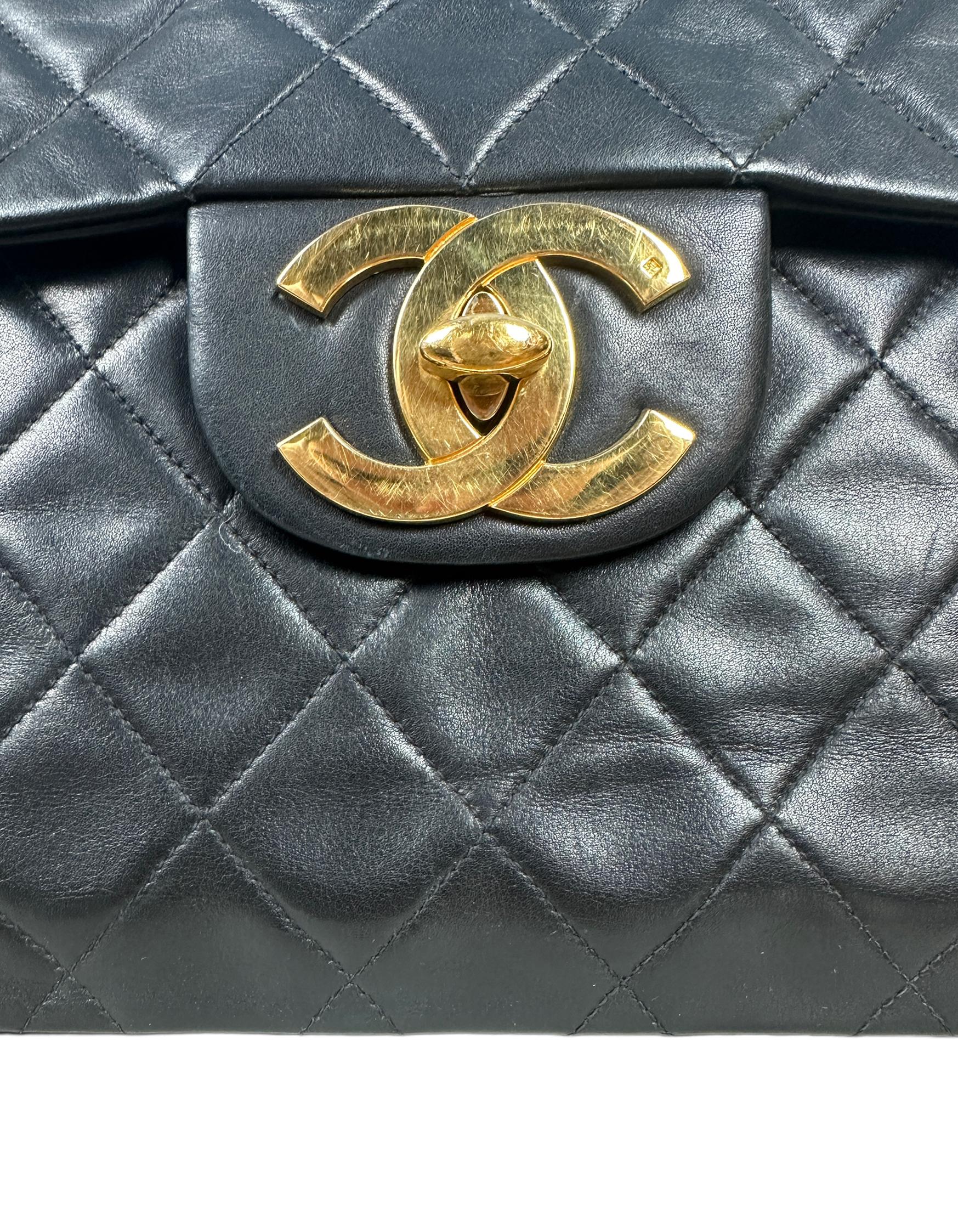 Chanel Vintage 1990s Black Lambskin Leather XL Jumbo Flap Bag For Sale 3