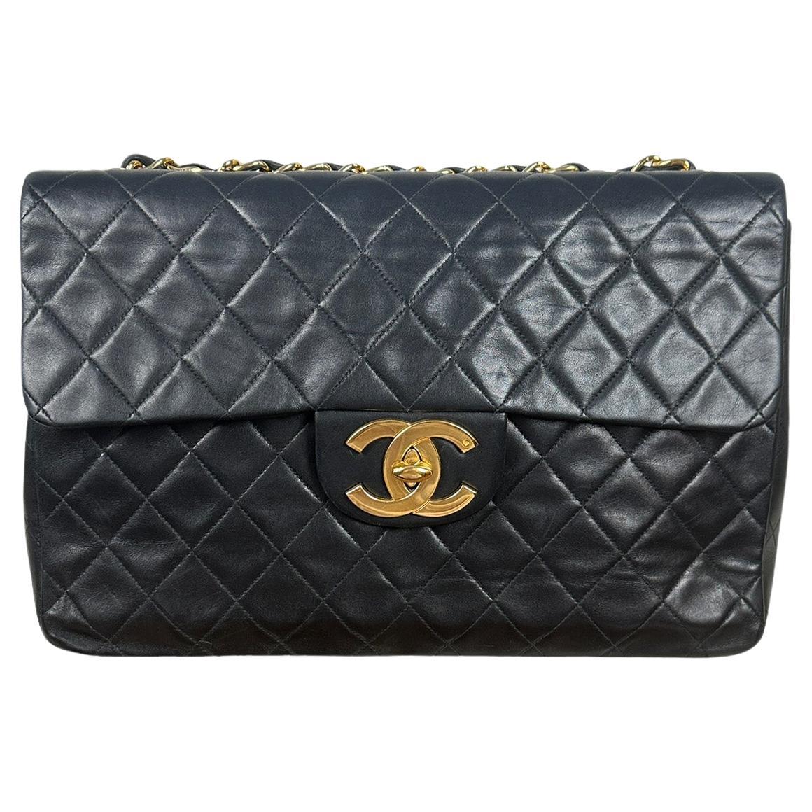 Chanel Vintage 1990s Black Lambskin Leather XL Jumbo Flap Bag For Sale
