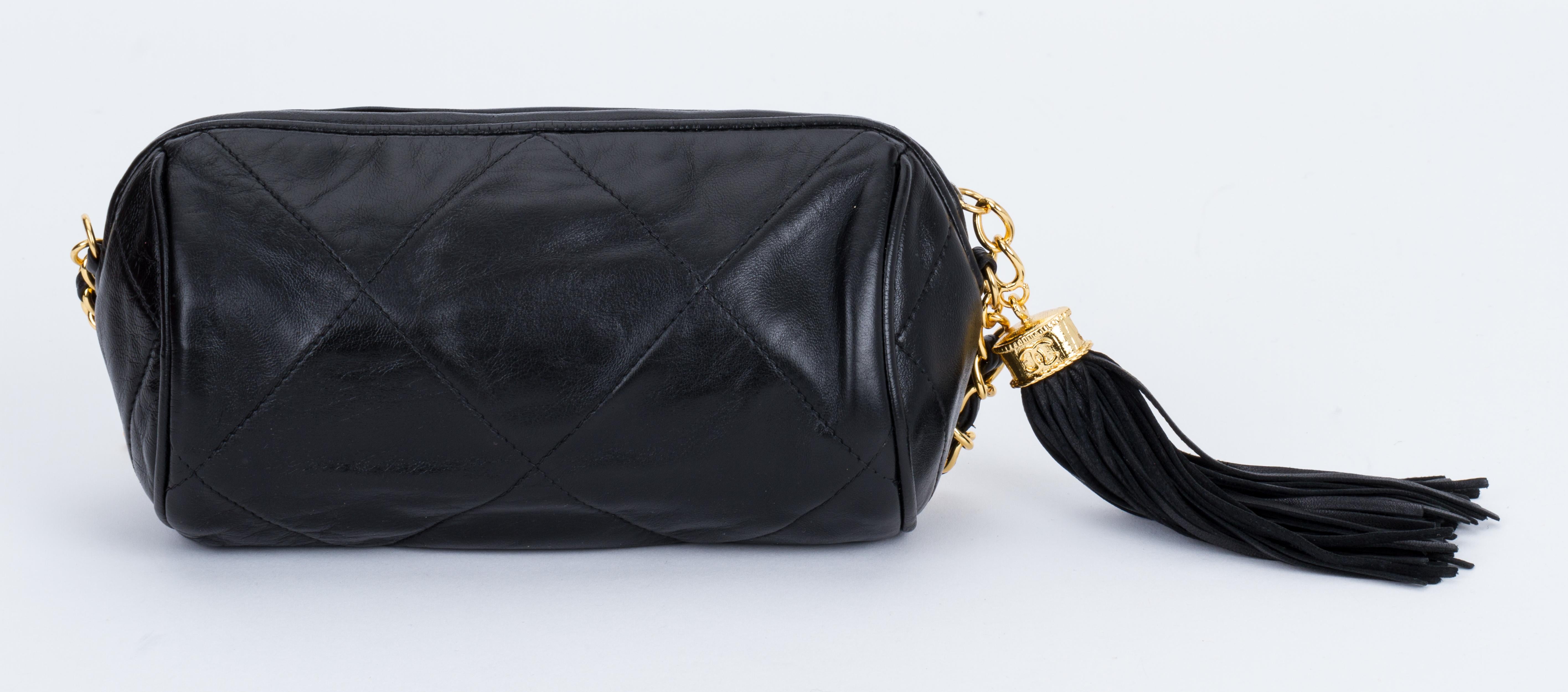 Chanel Vintage 1990's Black Leather Tassel Evening Bag In Excellent Condition In West Hollywood, CA