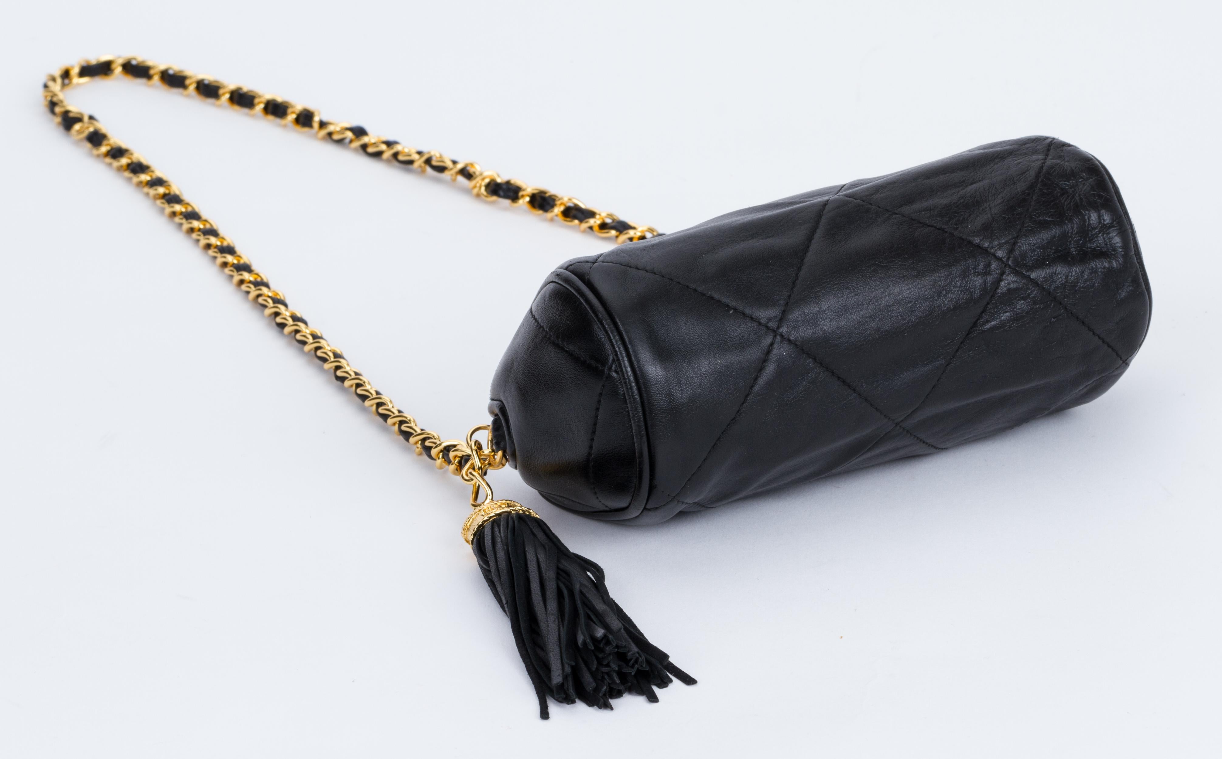 Women's Chanel Vintage 1990's Black Leather Tassel Evening Bag