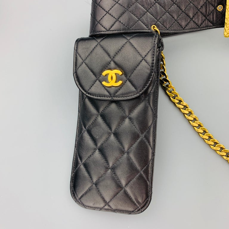 CHANEL Vintage 1990&#39;s Black Quilted Leather Gold Coin Chain Pouch Bag Belt 1994 at 1stdibs