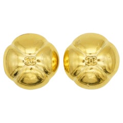 Chanel Vintage 1990s Coco Crush Classic Logo CC Camellia Dome Clip Earrings
