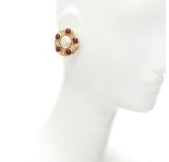 CHANEL Vintage 1990's Collection 23 gold red Gripoix faux pearl clip on earrings