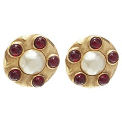 CHANEL Vintage 1990's Collection 23 gold red Gripoix faux pearl clip on earrings