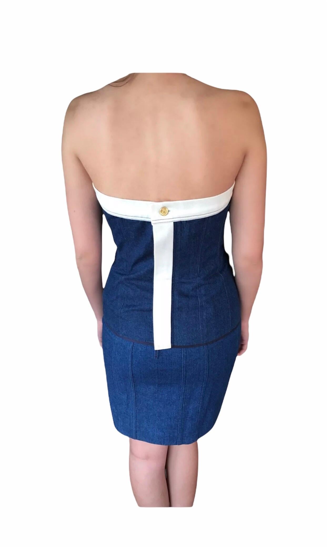 Chanel Vintage 1990's Denim Mini Skirt and White Trim Corset Top 2 Piece Set Ensemble

Please note the tag is illegible due to age.