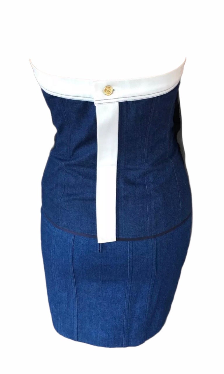 Chanel Vintage 1990's Denim Mini Skirt and Corset Top Piece Set Ensemble - Main Image
