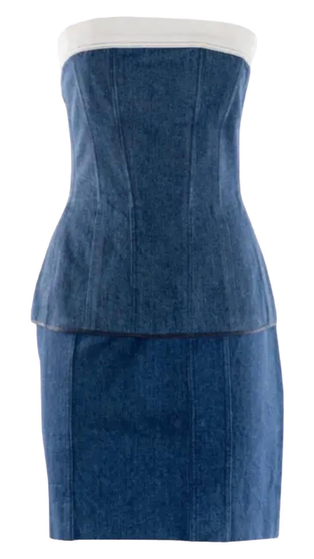 Blue Chanel Vintage 1990's Denim Mini Skirt and Corset Top 2 Piece Set Ensemble For Sale