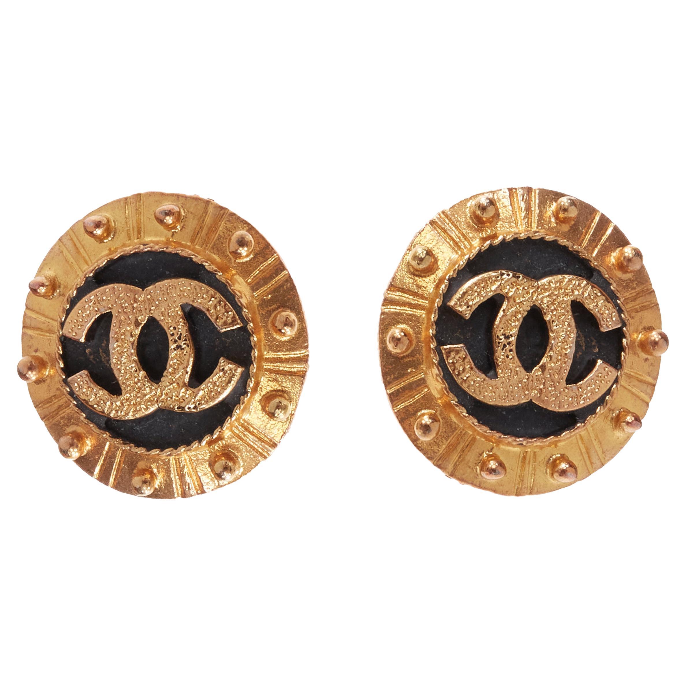 CHANEL Vintage 1990's gold black CC studded clip on earrings For Sale at  1stDibs