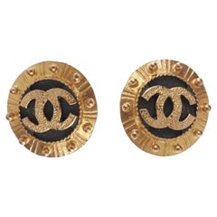 CHANEL Vintage 1990's gold black CC studded clip on earrings