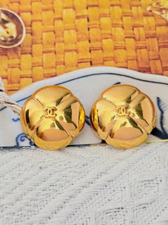 Chanel Vintage 1990s Gold Camellia Coco Crush Logo CC Cross Domed Earrings