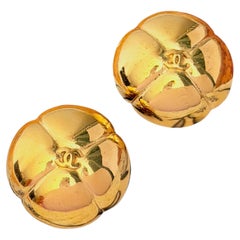 Chanel Vintage 1990s Gold Camellia Coco Crush Logo CC Cross Domed Earrings