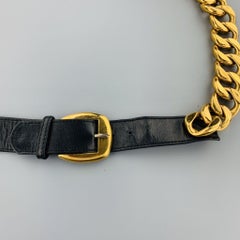 CHANEL Vintage 1990's Gold Tone Chunky Curb Chain & Black Leather Belt