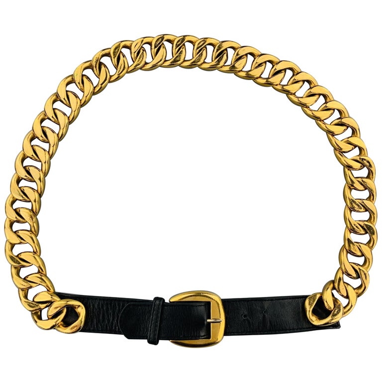 CHANEL Vintage 1990's Gold Tone Chunky Curb Chain and Black Leather ...