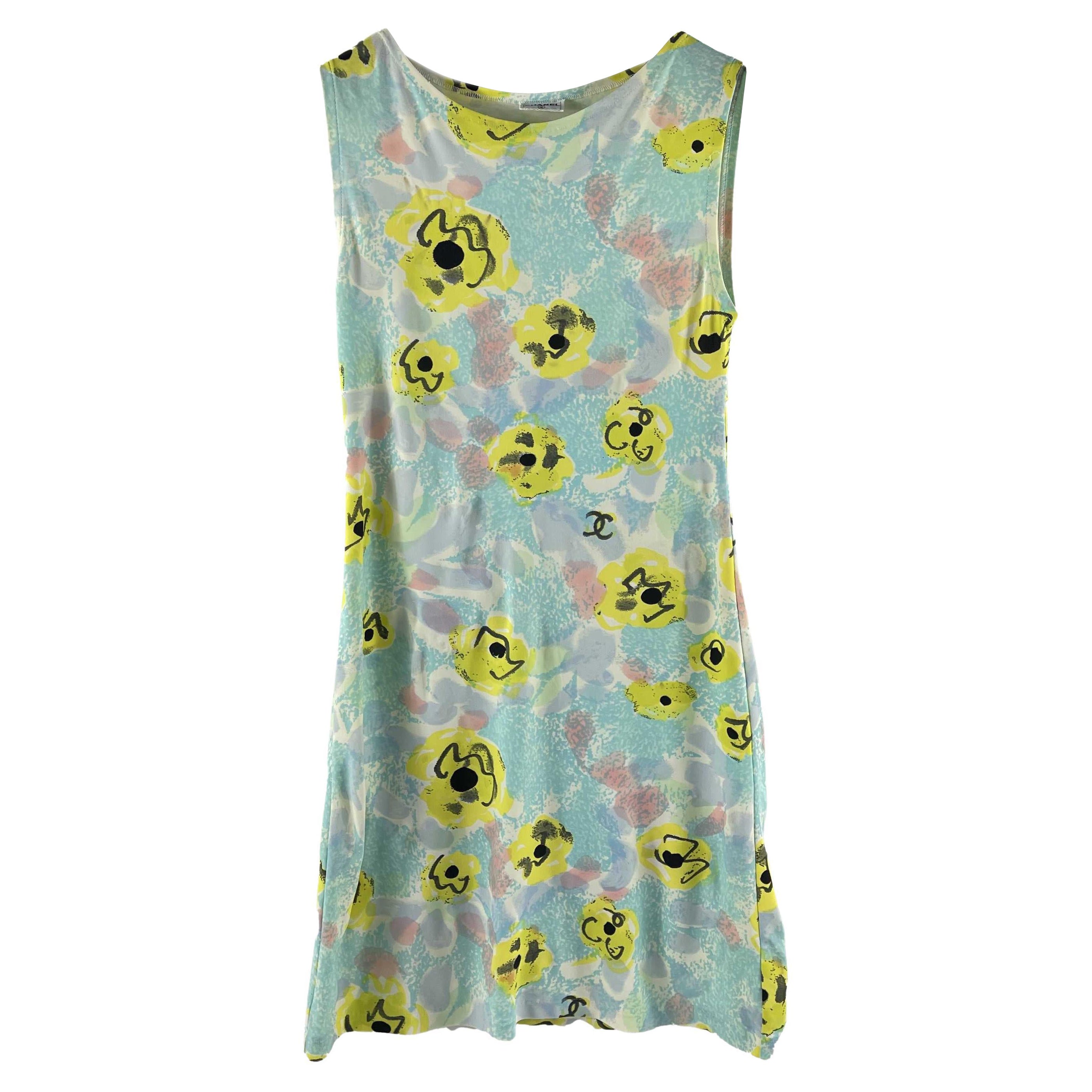 CHANEL Vintage 1990
s Graphic Camellia Print Mini Sleeveless Dress OS