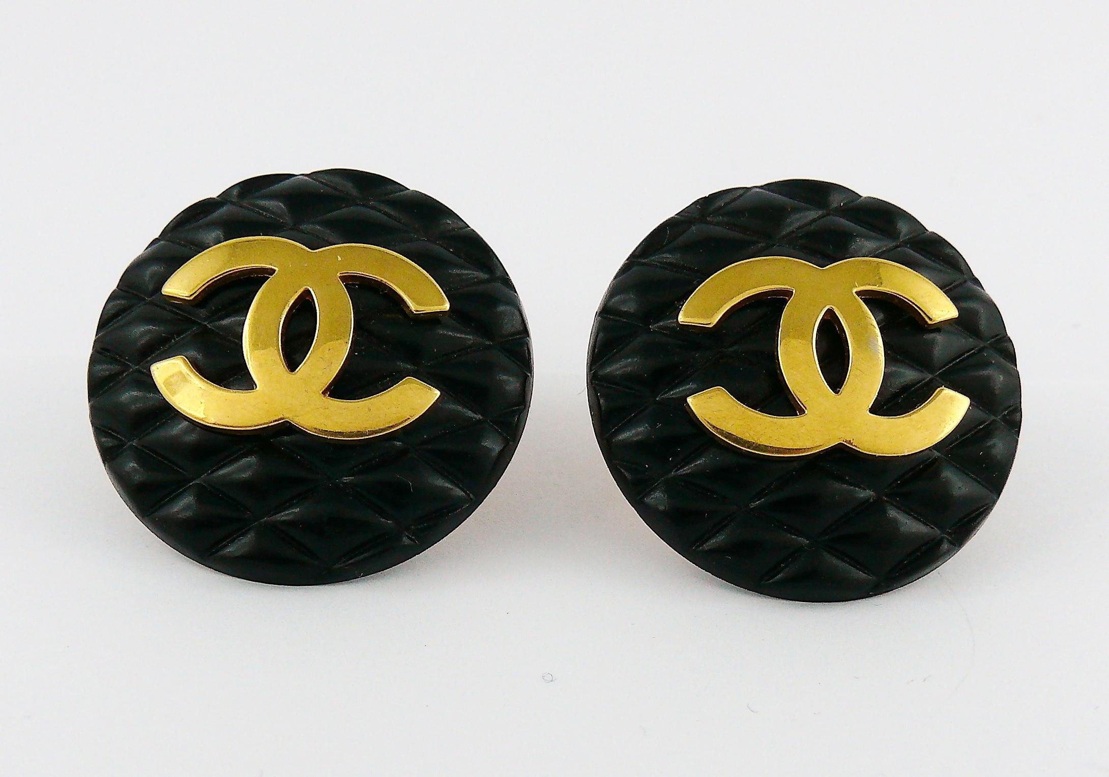 Women's Chanel Vintage 1990s Large Black Quilted Logo Clip-On Earrings