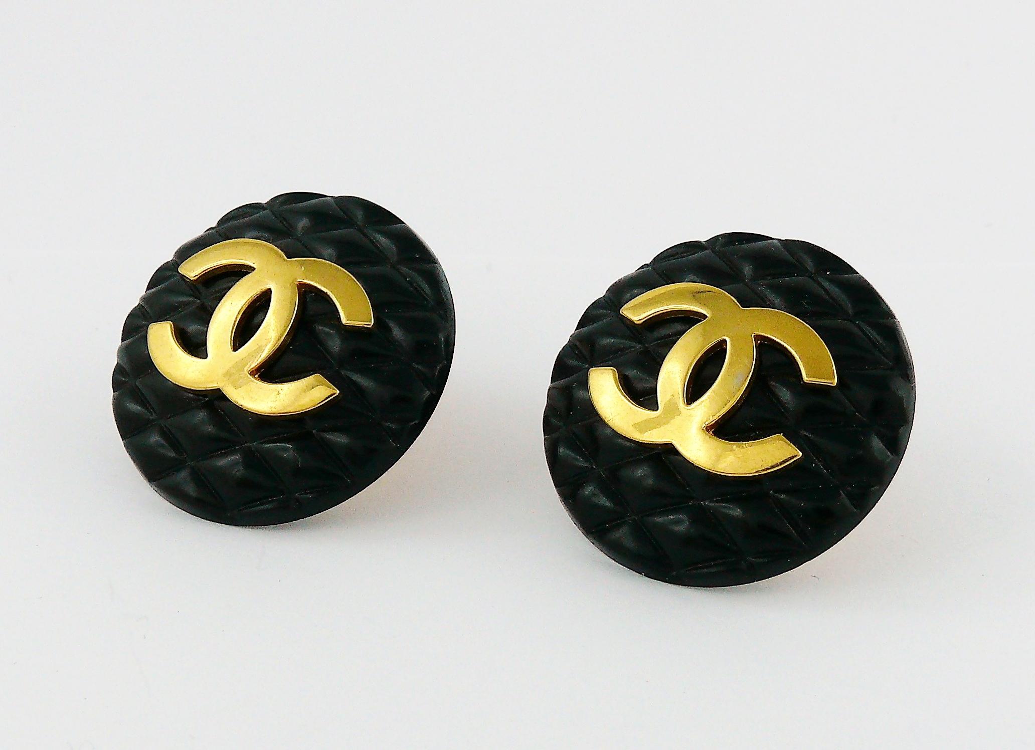 Chanel Vintage 1990s Large Black Quilted Logo Clip-On Earrings 1