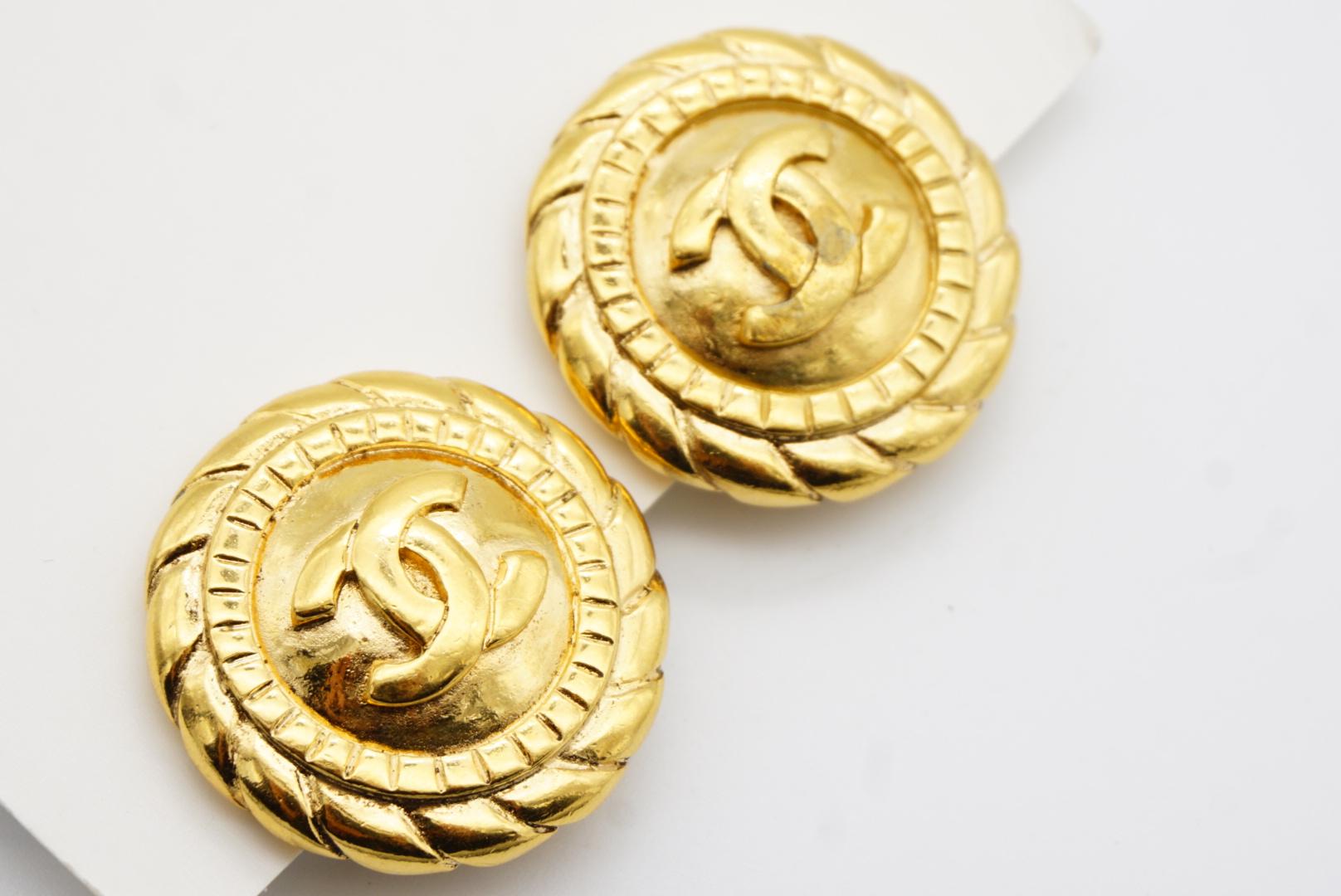 Chanel Vintage 1990's Large Logo CC Relief Coco Round Circle Rope Clip Earrings For Sale 5
