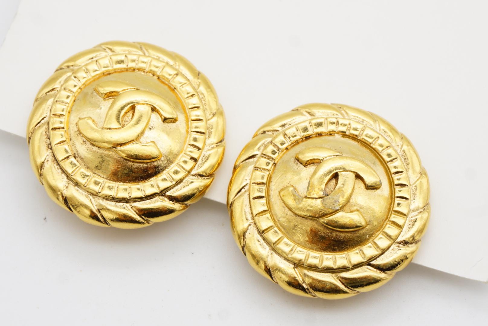 Chanel Vintage 1990's Large Logo CC Relief Coco Round Circle Rope Clip Earrings For Sale 4