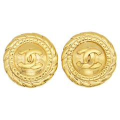 Chanel Vintage 1990's Large Logo CC Relief Coco Round Circle Rope Clip Earrings