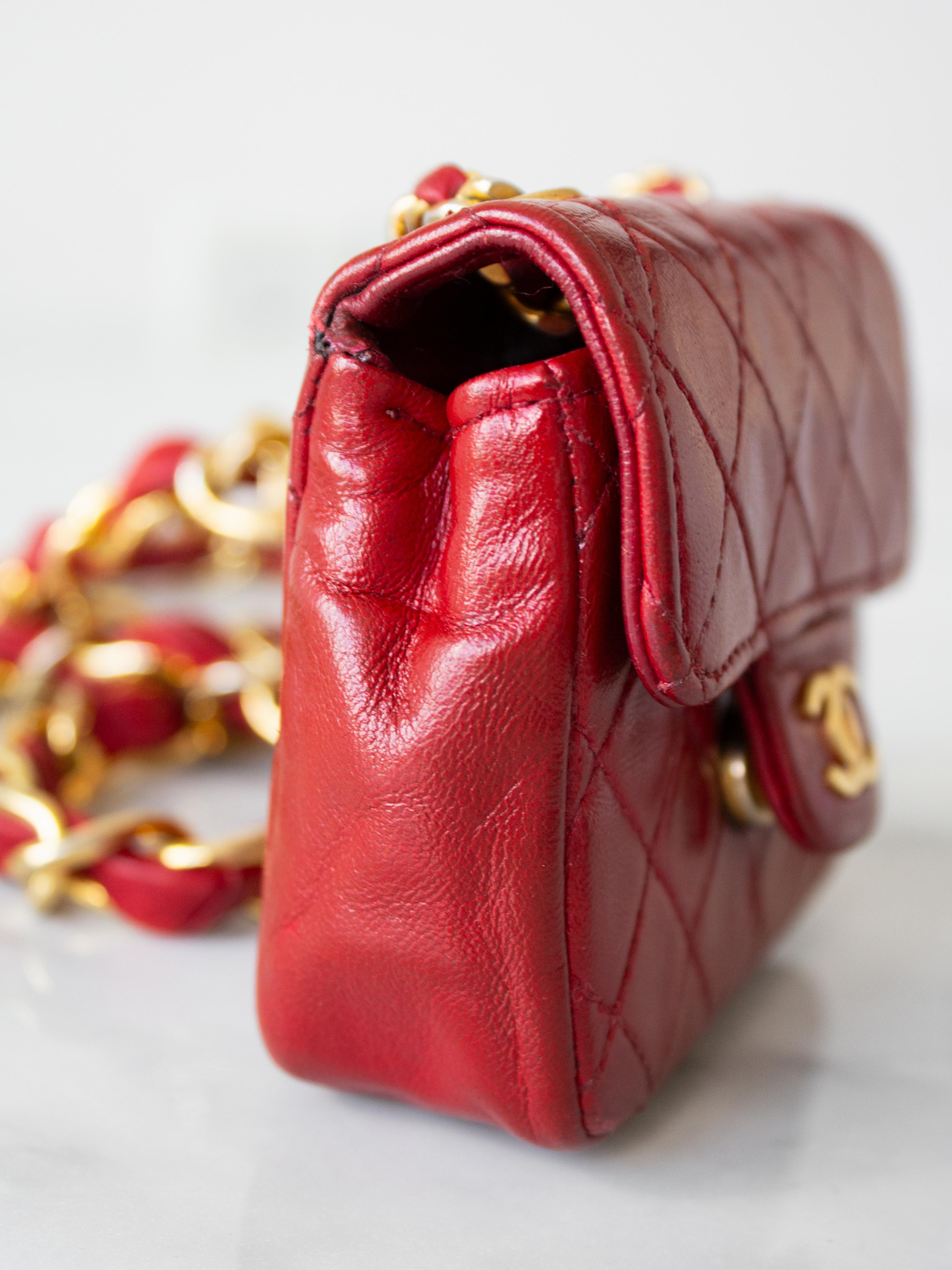 Chanel Vintage 1990s Micro Mini Red Gold CC Lambskin Leather Waist Belt Bag For Sale 8