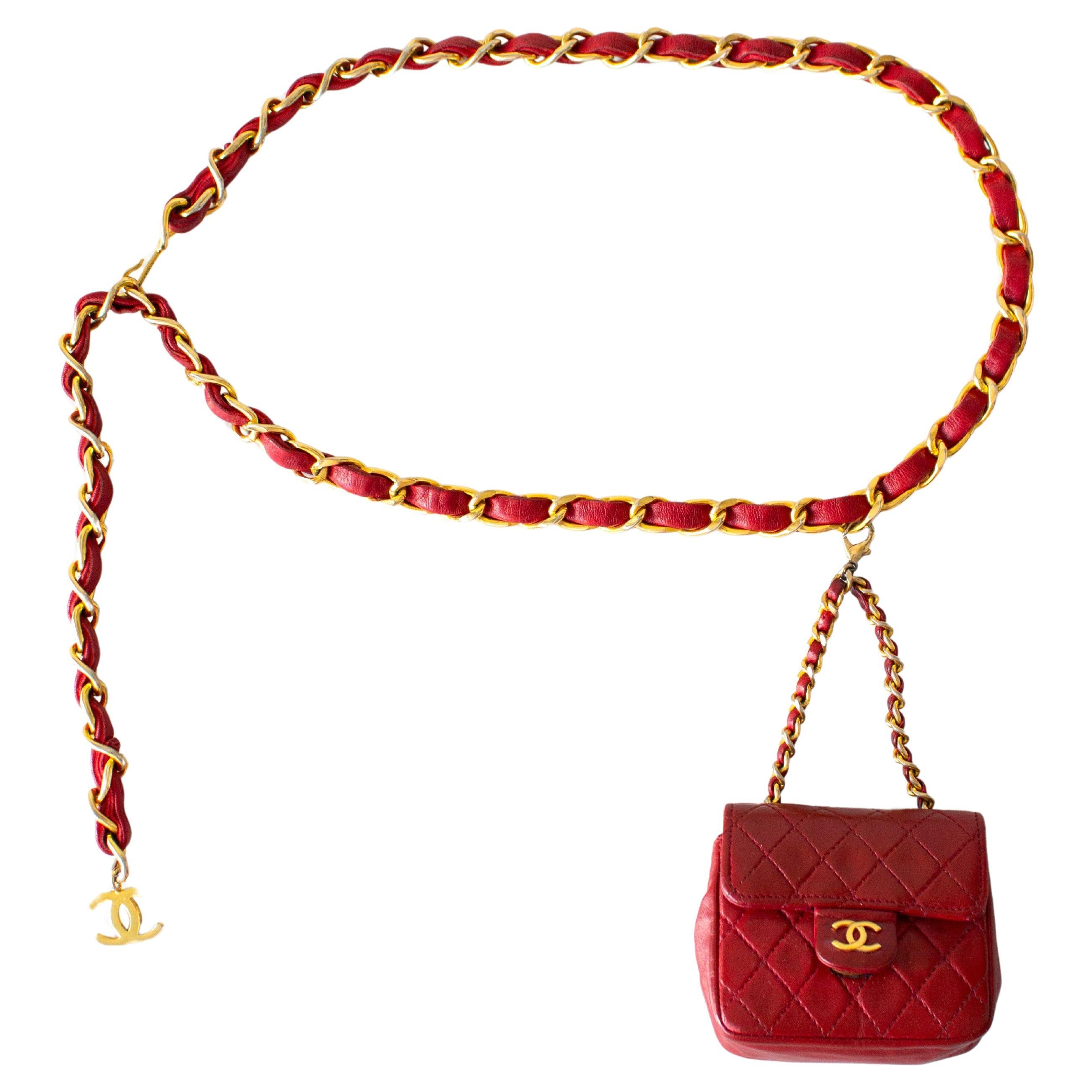 Chanel Vintage 1990s Micro Mini Red Gold CC Lambskin Leather Waist Belt Bag For Sale