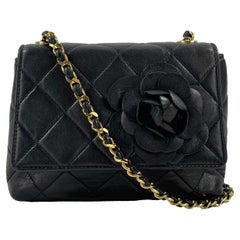 CHANEL Vintage 1990s Mini Camellia Quilted Black Leather CC Evening Bag
