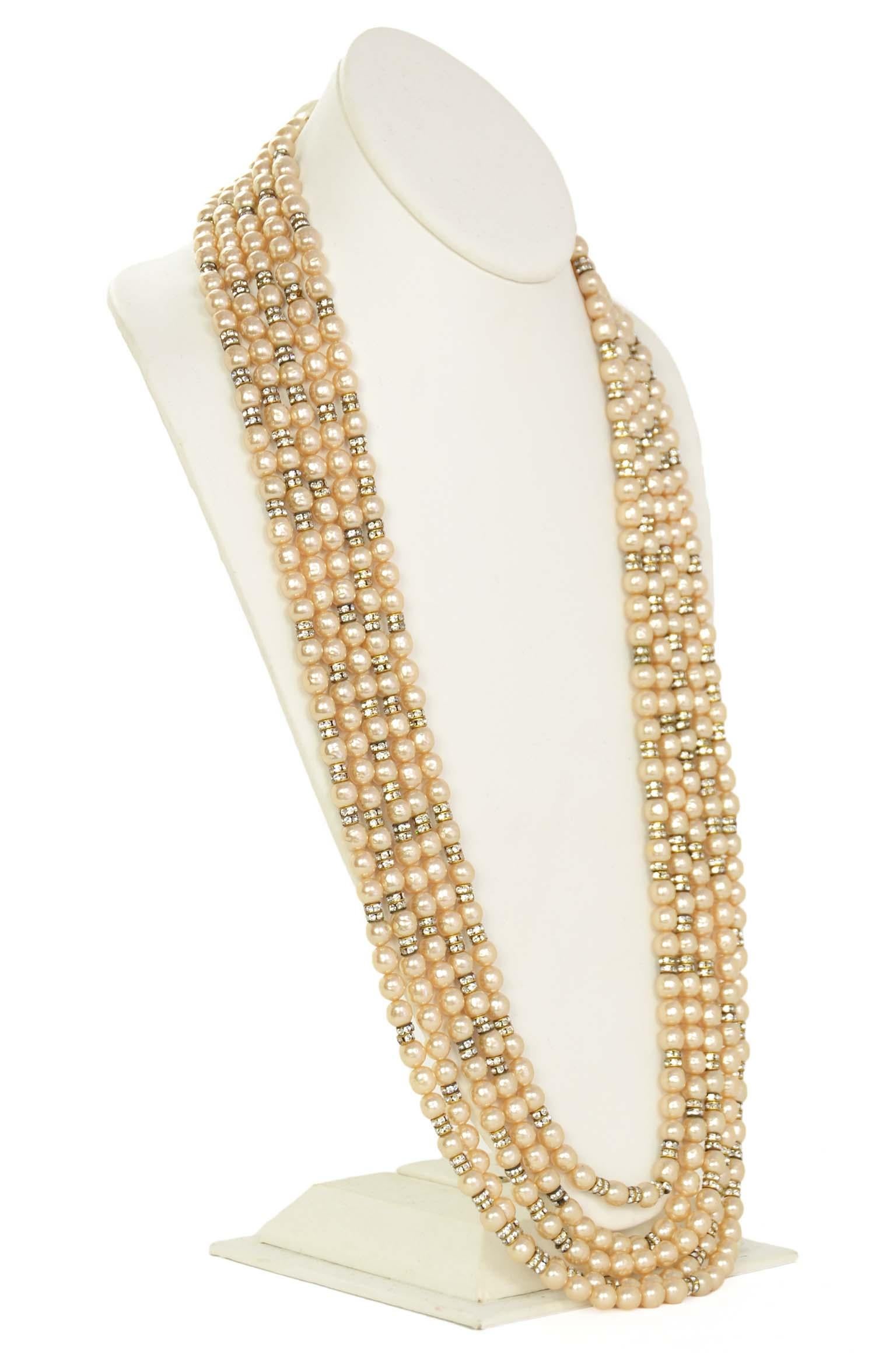 Brilliant Cut Chanel Vintage 1990s Multi-Strand Faux Pearl & Crystal Rondelle Necklace For Sale