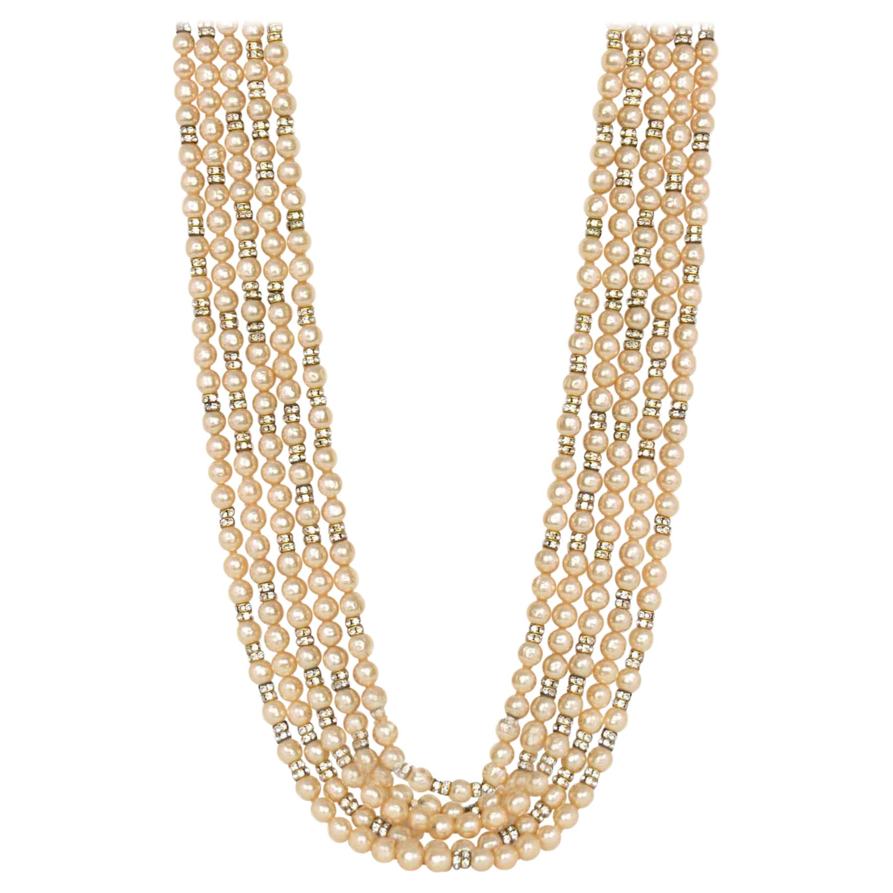 Chanel Vintage 1990s Multi-Strand Faux Pearl & Crystal Rondelle Necklace