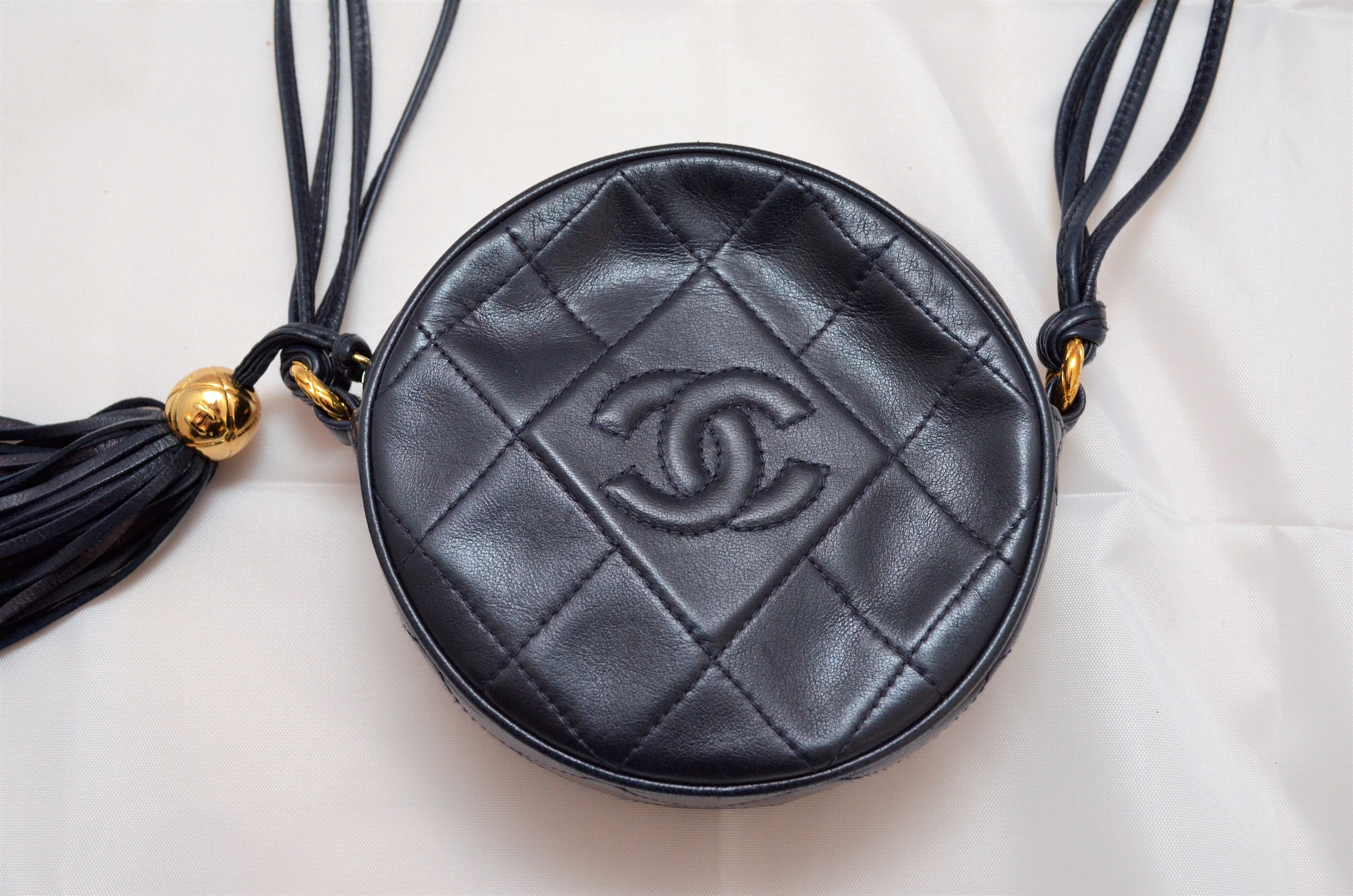 Black Chanel Vintage 1990's Navy Leather Circle Crossbody Bag