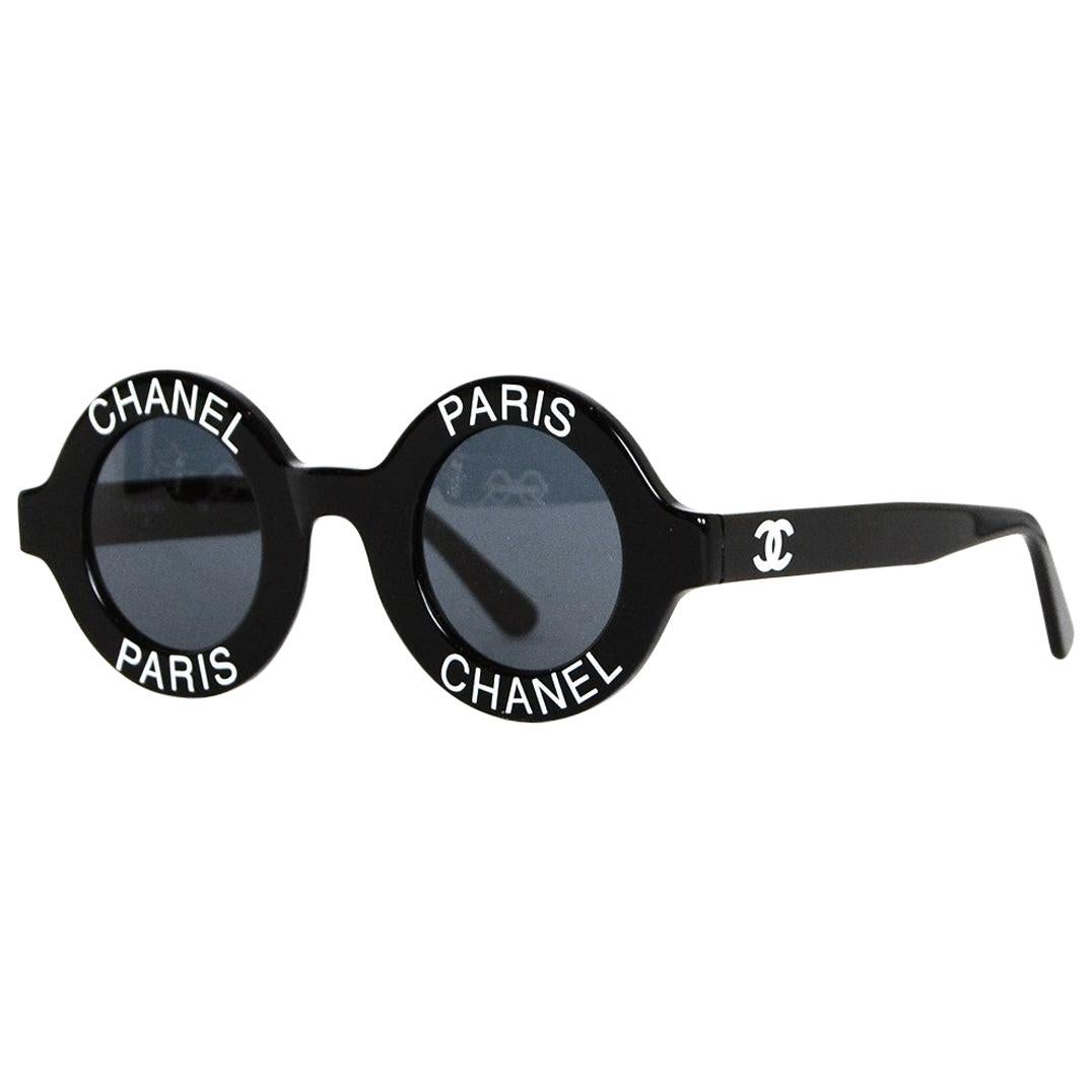 Chanel Vintage 1990s Runway Black Round Sunglasses w/ CHANEL PARIS