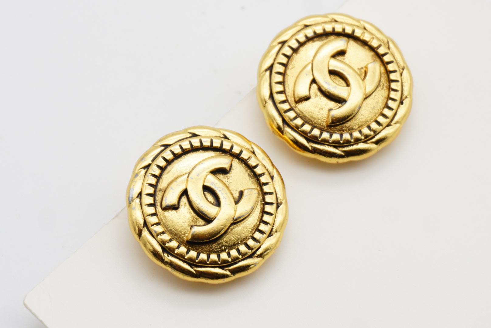 Chanel Vintage 1990's Textured Logo CC Relief Coco Round Circle Rope Earrings 5