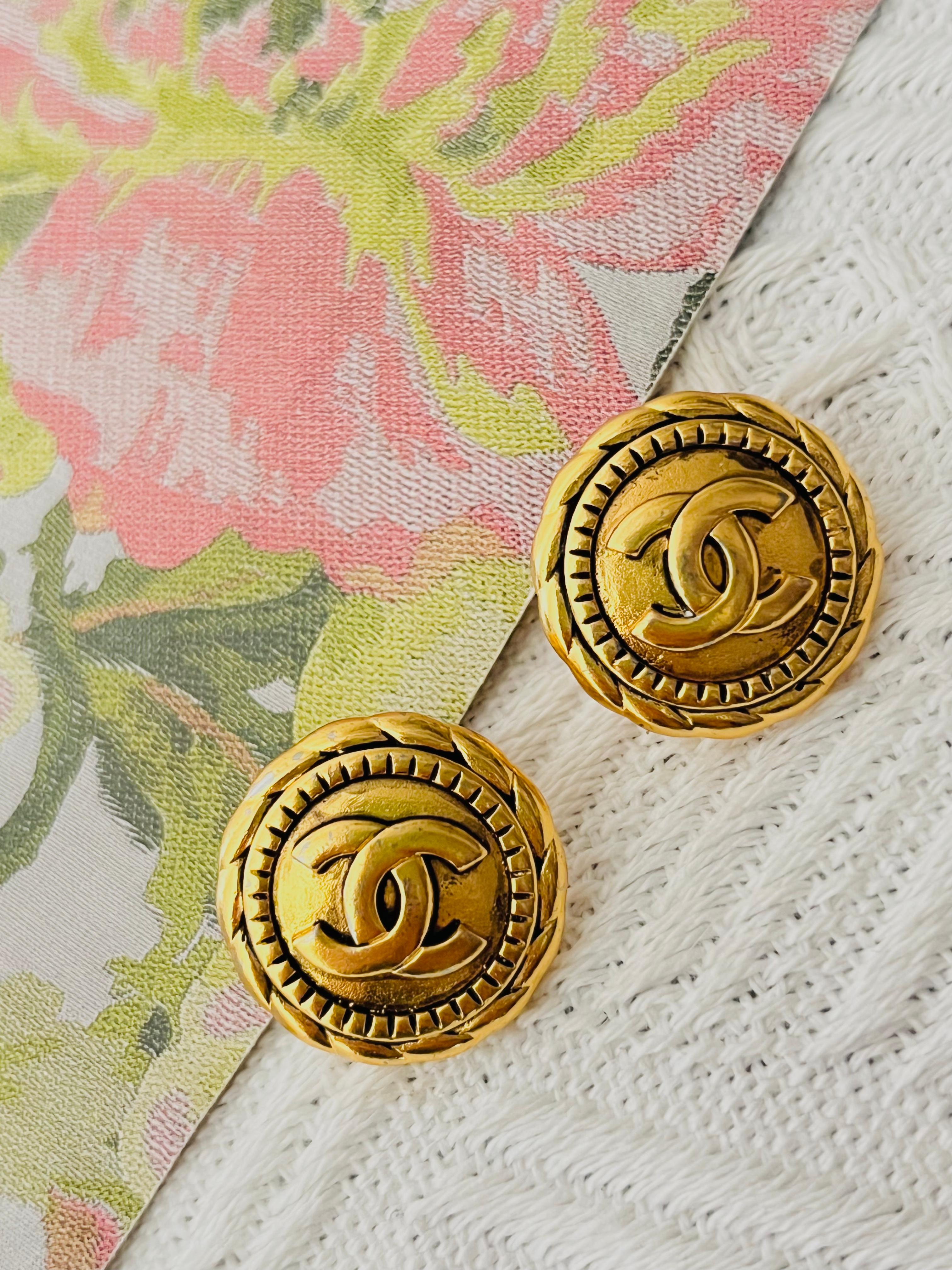 Art Deco Chanel Vintage 1990's Textured Logo CC Relief Coco Round Circle Rope Earrings