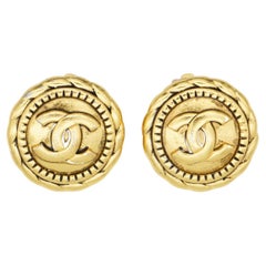 Chanel Vintage 1990's Textured Logo CC Relief Coco Round Circle Rope Earrings