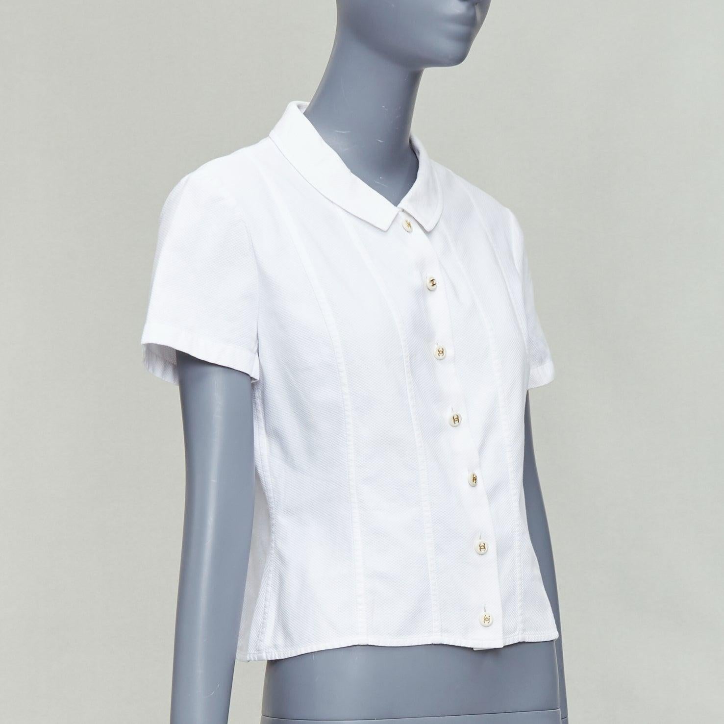 Gray CHANEL Vintage 1990's white cotton gold CC logo button panelled crop shirt For Sale