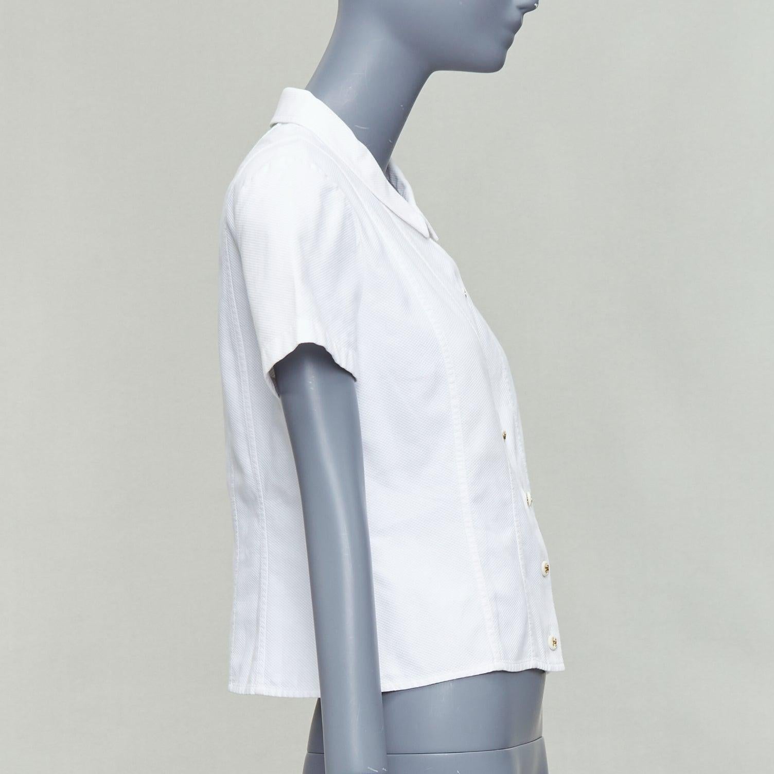 CHANEL Vintage 1990's white cotton gold CC logo button panelled crop shirt In Good Condition For Sale In Hong Kong, NT