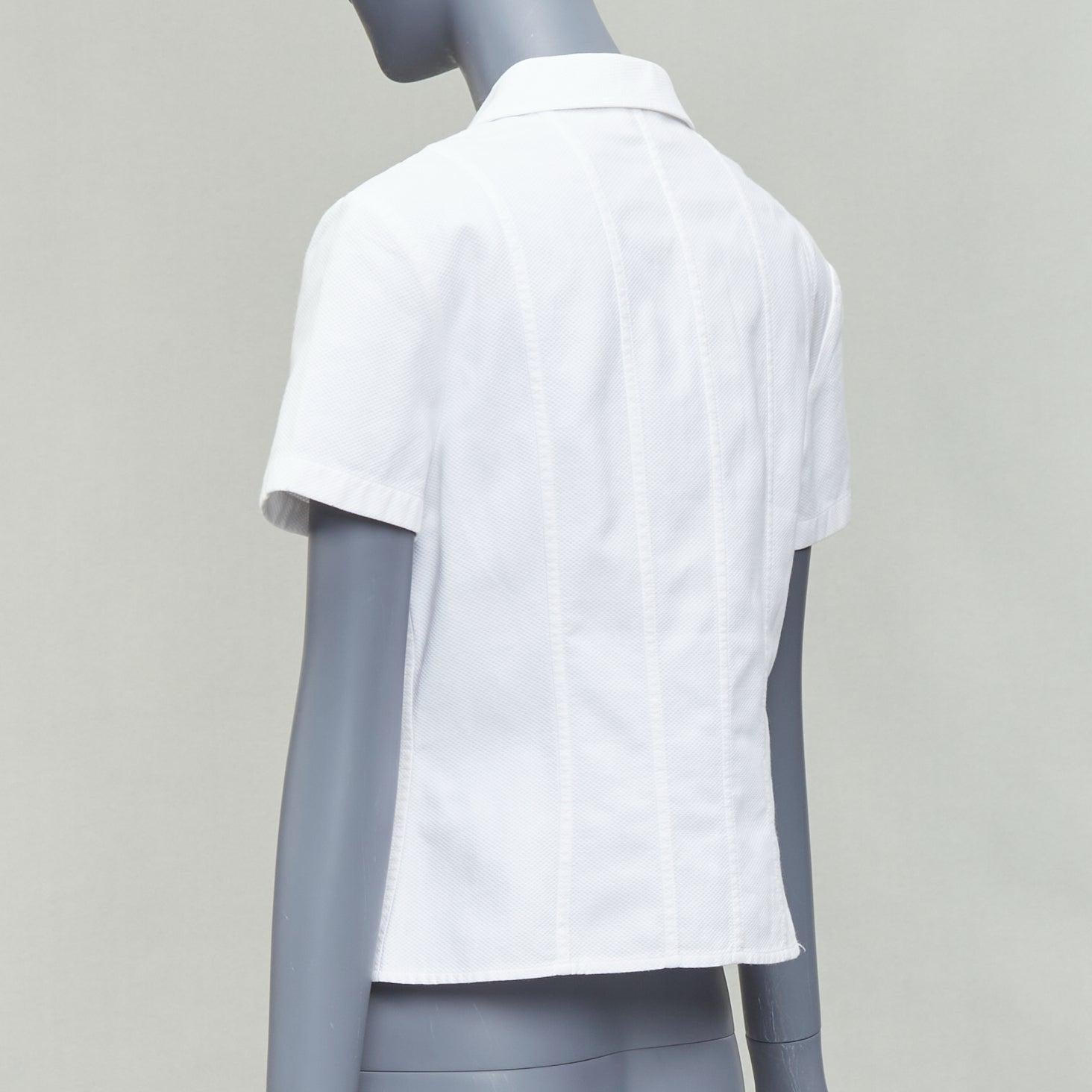 CHANEL Vintage 1990's white cotton gold CC logo button panelled crop shirt For Sale 1