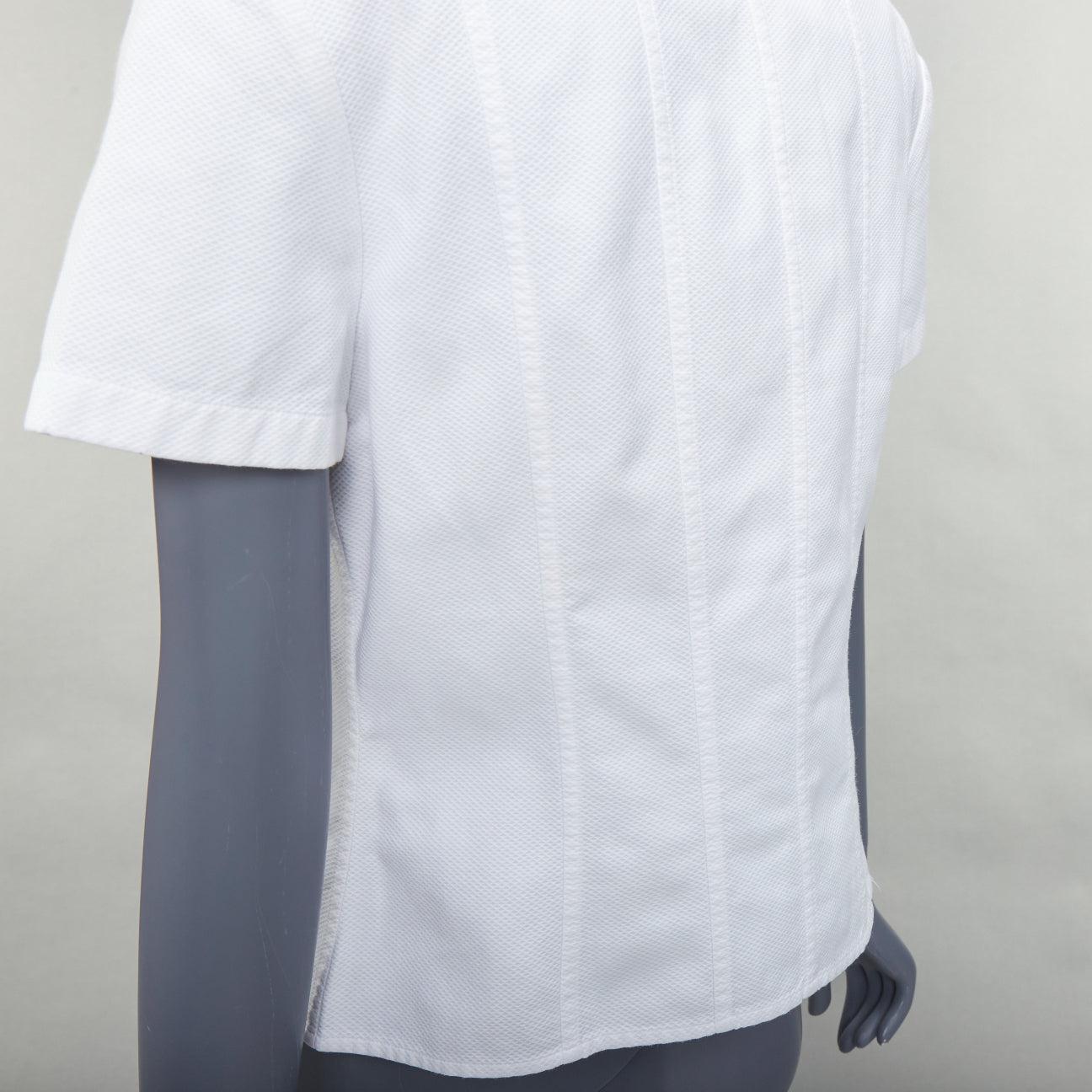 CHANEL Vintage 1990's white cotton gold CC logo button panelled crop shirt For Sale 2