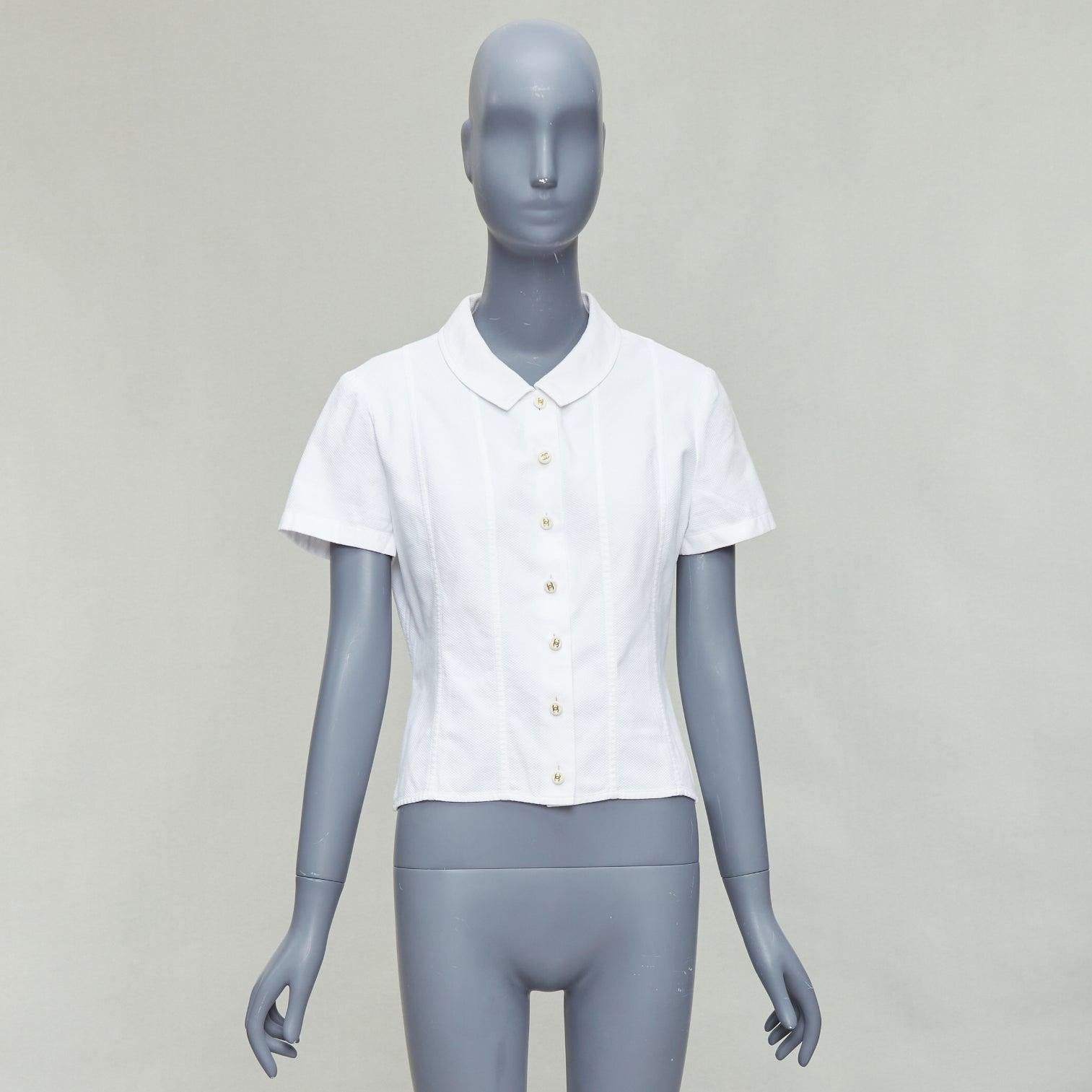 CHANEL Vintage 1990's white cotton gold CC logo button panelled crop shirt For Sale 4
