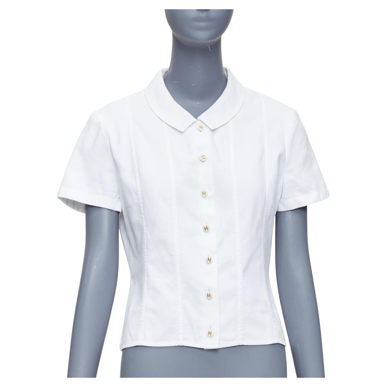 CHANEL Vintage 1990's white cotton gold CC logo button panelled crop shirt For Sale