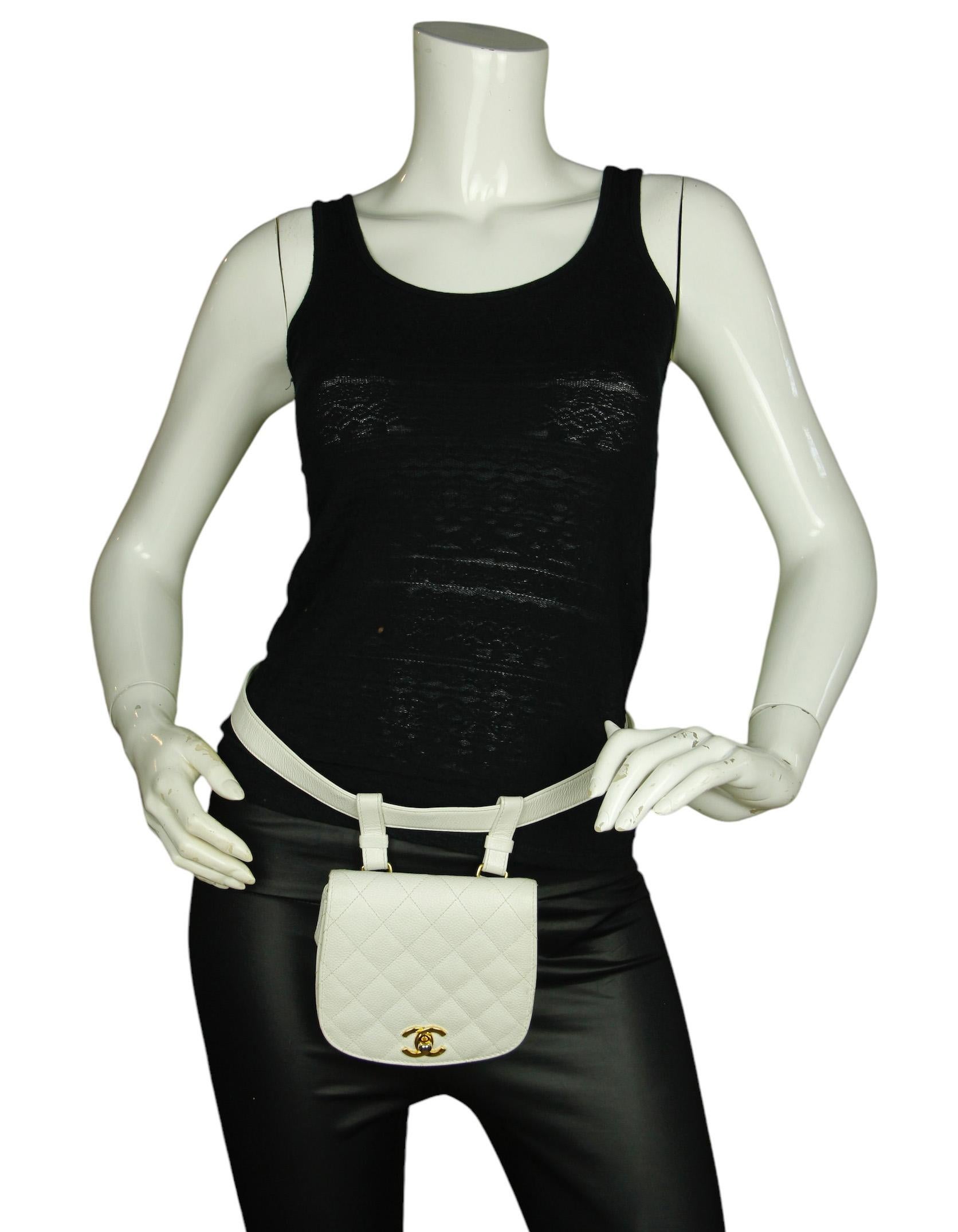Chanel Vintage 1990s WhiteCaviar Leather Quilted Belt Bag sz 85/34