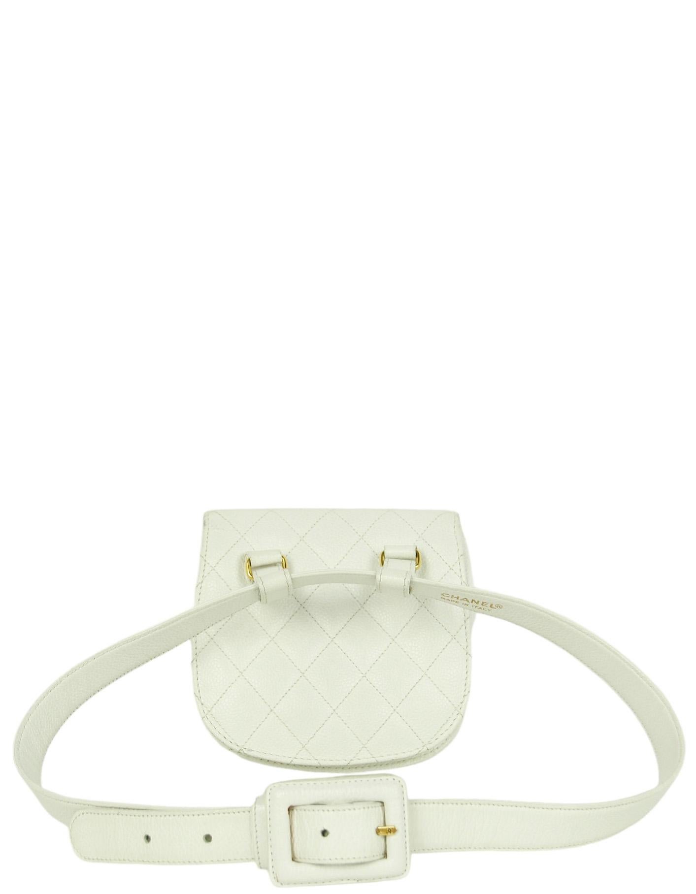 Beige Chanel Vintage 1990s WhiteCaviar Leather Quilted Belt Bag sz 85/34