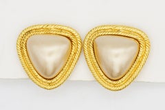 Chanel Vintage 1991 3D Large White Pearl Triangle Double Rope Gold Clip Earrings